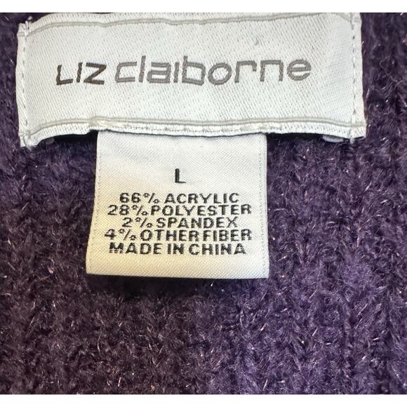 Liz Claiborne Purple Plum Ribbed Metallic V Neck Long Sleeve Sweater Cozy Top L - Picture 3 of 8